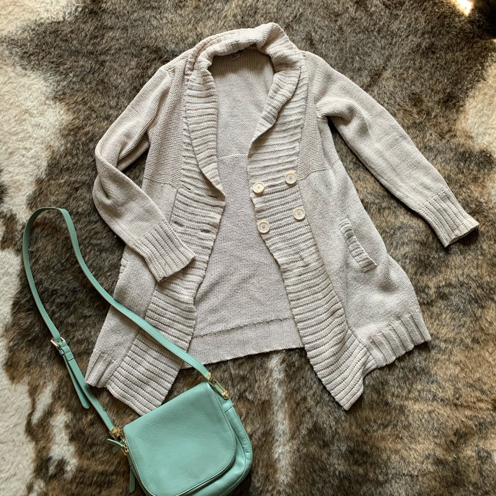 H&M beige long button up sweater, small